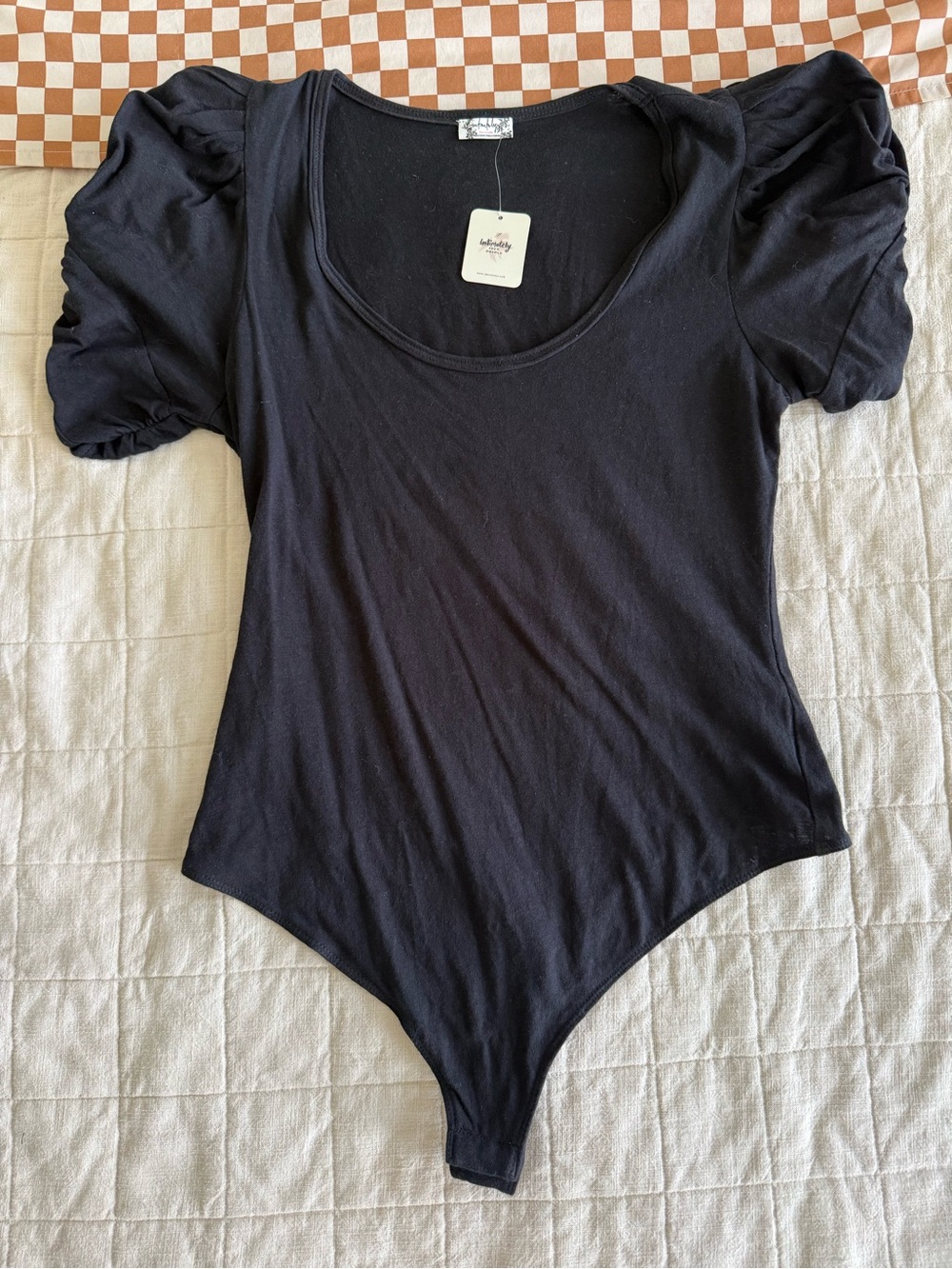 Free People Black Puff Sleeve Scoop Bodysuit